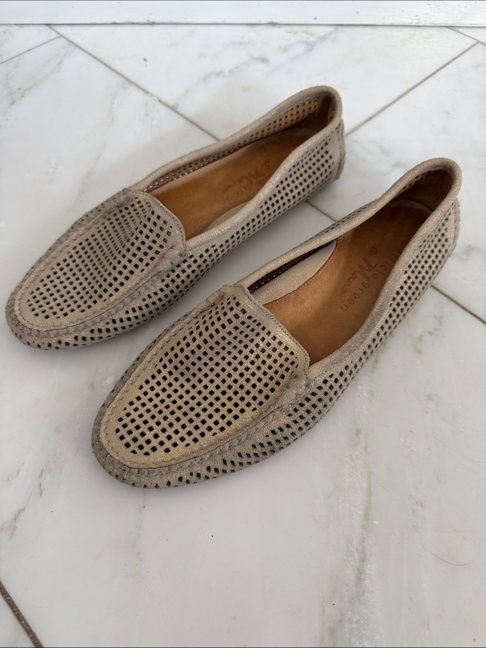 Patricia Green A Mano light tan w/ gold specks perforated leather driving loafer